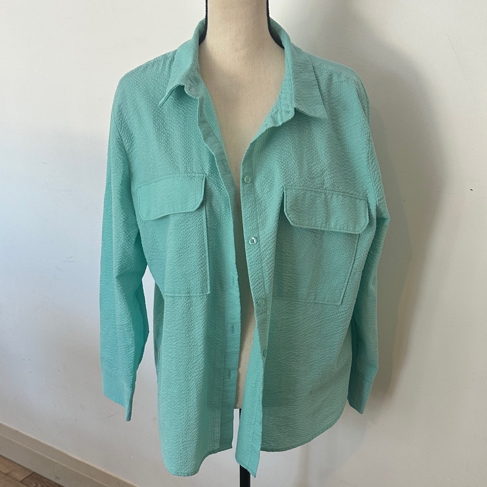 Ricki's Teal Textured Blouse XL Pockets Long Sleeve Button Front Layer Oversize